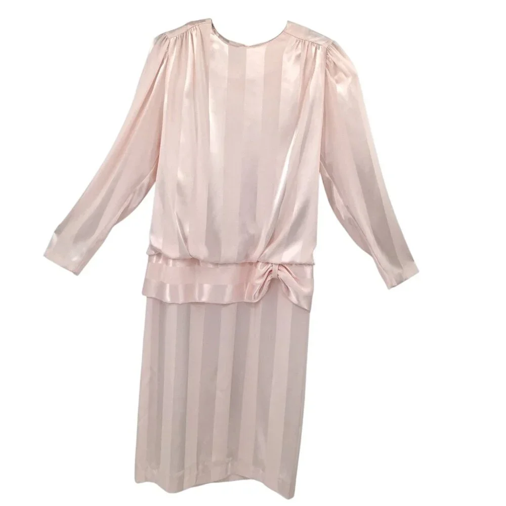 Alexis Women's Pink 11/12 Satin Stripe Blouson Puffed Shoulder Dress 80’s Vtg - Picture 1 of 9